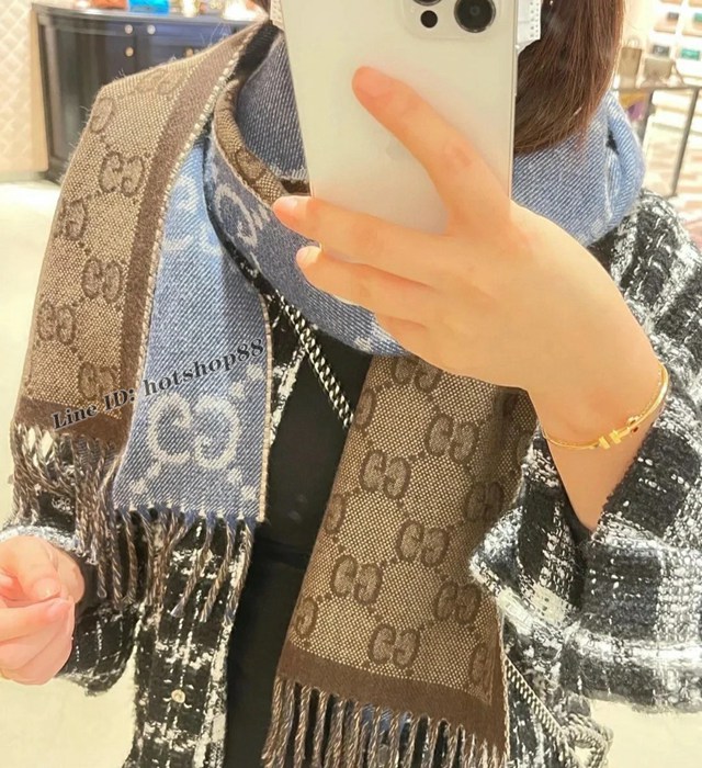 Gucci古奇專櫃爆款牛仔藍咖啡撞色羊絨提花圍巾 mmyj2216